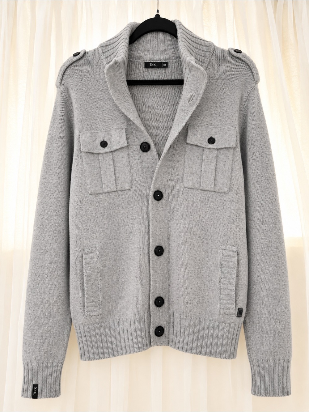 Men's Light Gray Button-Up Knit Cardigan with Patch Pockets